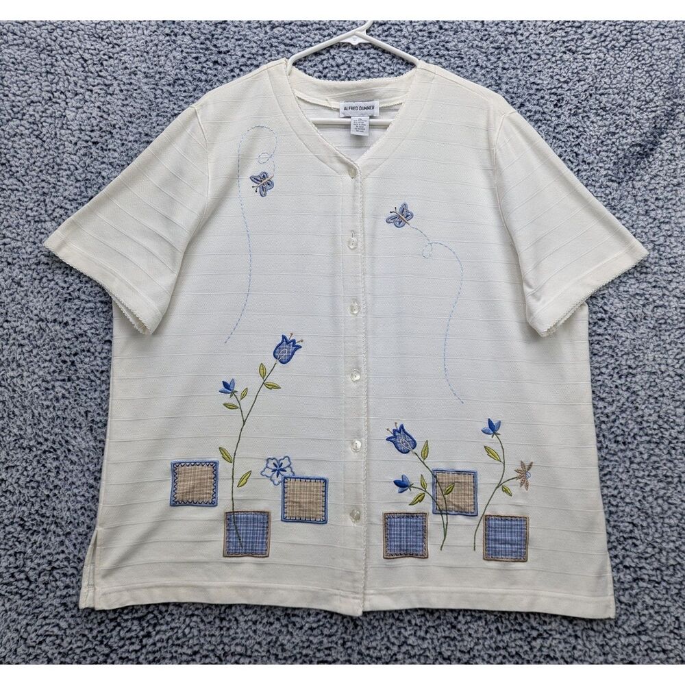 VTG Alfred Dunner Floral Embroidered Top Size XL Floral Button Up Knit White